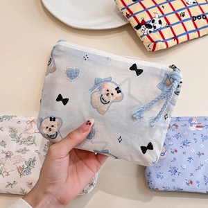Cute light blue cotton coin purse with poodle print and zipper for headphones