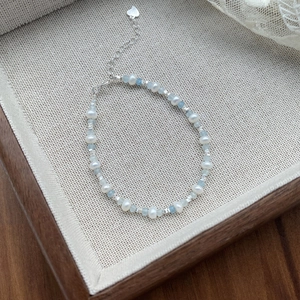 S925 silver bracelet featuring freshwater pearls, aquamarine beads, and heart pendant
