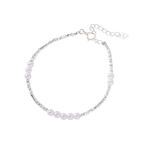 Elegant S925 sterling silver pearl bracelet with crushed silver beads and heart charm
