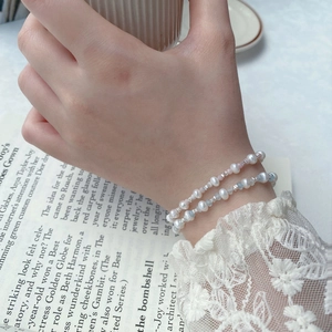 S925 silver beaded bracelet set with freshwater pearls and aquamarine stones