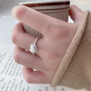 S925 Sterling silver frosted heart ring with lace edge and beaded band for women