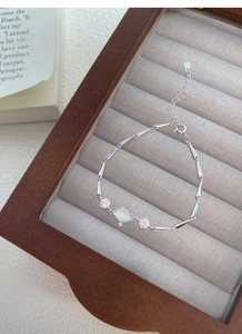 Macro detail of S925 silver bamboo link bracelet with shell pendant and white zircon in a box