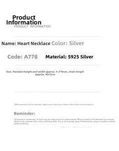 Detailed specifications of S925 sterling silver heart pendant necklace with measurements