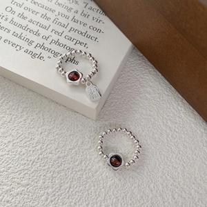 925 Sterling Silver Garnet Flower Beaded Ring Adjustable Lucky Pendant Ring For Women Minimalist Design Vintage Jewelry Gift