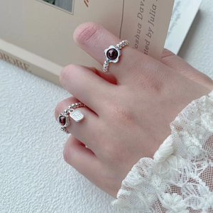 S925 silver beaded flower ring with garnet stone and Fu character charm for women