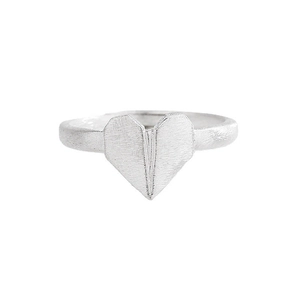 Minimalist S925 sterling silver origami heart ring with brushed matte finish on white background