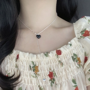 S925 Sterling Silver Black Heart Y-Shape Tassel Necklace with delicate silver heart pendant