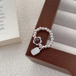 S925 Sterling silver garnet flower beaded ring with a Fu character square tag charm