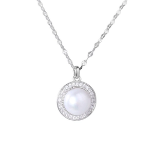 Collier en argent S925 avec perle d'eau douce blanche et entourage de diamants