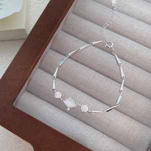 925 Sterling Silver Bamboo Segment Bracelet White Mother Of Artificial Pearl Shell Zirconia Inlaid Adjustable Jewelry For Women