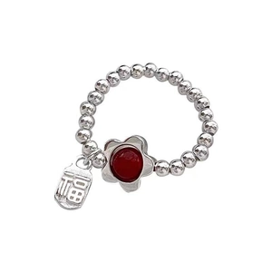 S925 sterling silver beaded flower ring with red garnet and lucky Fu character charm