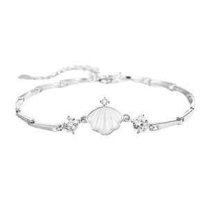 S925 sterling silver bamboo style bracelet with white shell pendant and sparkling zircon stones