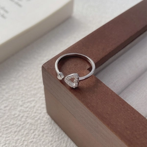 Minimalist S925 sterling silver open ring with hollow double heart and zircon stones