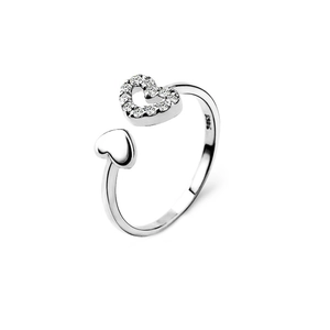 Minimalist S925 silver open ring with polished and cubic zirconia double heart design