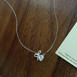 925 Sterling Silver Bow Heart Pendant Necklace For Women Zirconia Inlaid Adjustable Clavicle Chain Valentine Day Gift