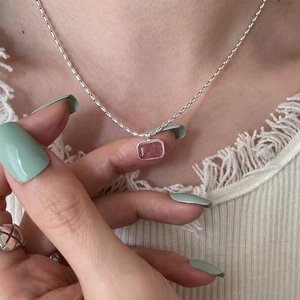 Minimalist S925 sterling silver necklace with a rectangular strawberry quartz pendant for women