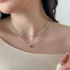 Elegant S925 silver layered necklace with square strawberry crystal pendant for women
