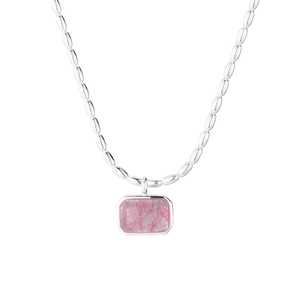 Minimalist S925 sterling silver necklace with a rectangular pink strawberry quartz pendant