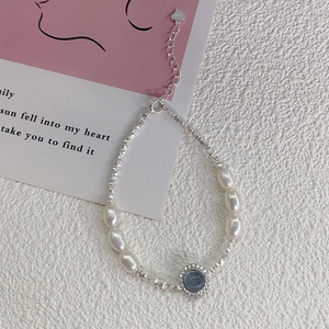 Bracelet en argent S925 avec perles d'eau douce naturelles et cristal bleu aigue-marine