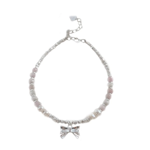 Elegant S925 silver bracelet with pink beads, fresh pearls and a bow pendant