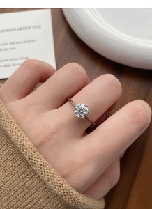 Detailed view of 1 carat moissanite ring with six-prong setting on silver band