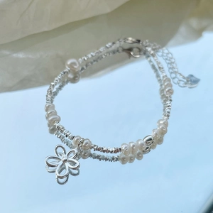 Eleganter 925 Sterling Silber Blumen Armband mit Süßwasserperlen und Herzanhänger