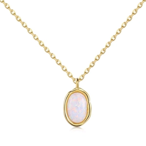 925 silver gold necklace featuring an oval opal pendant with textured metallic frame