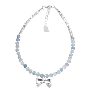 S925 Sterling silver bow bracelet featuring light blue aquamarine beads and heart charm