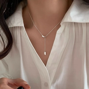 Minimalist S925 sterling silver Y-shaped necklace with polished square tag and silver beads