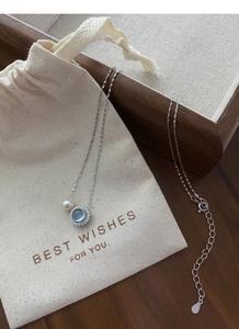 Detail of S925 silver necklace featuring aquamarine pendant with a small pearl