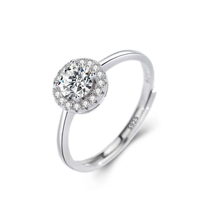 Anello halo in argento S925 con moissanite, fascia regolabile e pietra centrale tonda