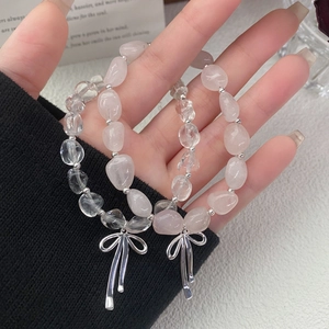 Süßes 925 Sterlingsilber Schleife Natur Rosenquarz Bergkristall Perlenarmband Für Damen Romantischer Modeschmuck Geschenk