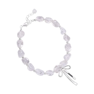 S925 Silberperlenarmband mit Rosenquarz-Kristallen und einem Schleifenanhänger