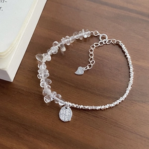 925 Sterling Silver White Crystal Fragment Bracelet New Chinese Style Simple Auspicious Round Pendant Heart Hand Chain Women Jewelry