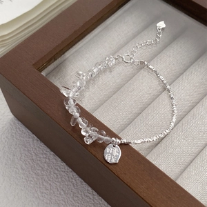 S925 sterling silver beaded bracelet with clear crystals and engraved round charm
