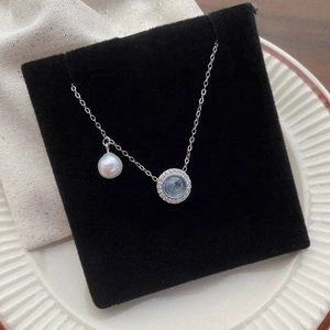 S925 Sterling Silver Necklace With Freshwater Pearl And Round Blue Aquamarine Pendant Elegant Light Luxury Jewelry For Women