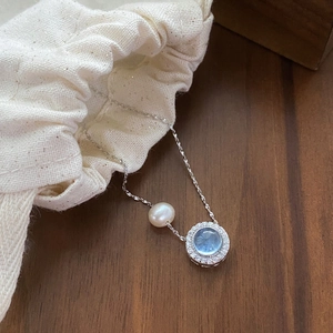 S925 silver necklace with blue aquamarine gemstone and freshwater pearl pendant