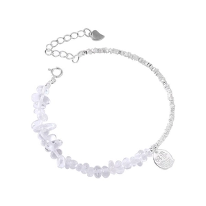 S925 silver beaded bracelet with irregular white crystals and round pendant