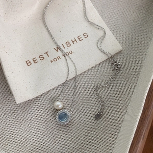 S925 sterling silver necklace with aquamarine blue gemstone and freshwater pearl pendant