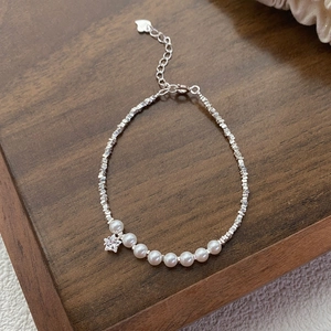 S925 Sterling Silver Star Artificial Pearl Bracelet Elegant Broken Silver Bead Adjustable Chain Zircon Pentagram Charm Women Jewelry
