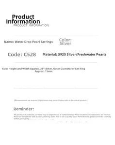 Detailed size specifications for 925 silver water drop pearl earrings, 25x15mm