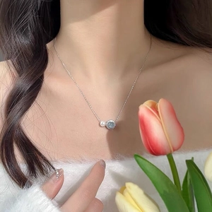 Elegant S925 sterling silver necklace with freshwater pearl and blue aquamarine gemstone