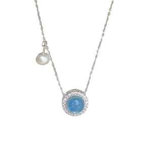 S925 sterling silver necklace with blue aquamarine gemstone and baroque pearl pendant