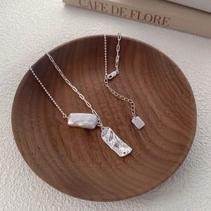 Collana in Argento Sterling 925 con Perla d'Acqua Dolce Barocca Ciondolo Quadrato Geometrico Catena Patchwork per Donna