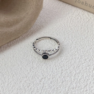 S925 Sterling Silber Doppelring mit Weizenähren, schwarzem Edelstein und offenem Design