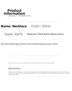 Detailed size chart for S925 sterling silver necklace with 8.6mm blue glass pendant