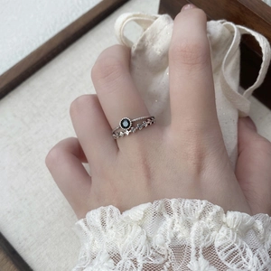 Retro S925 Sterlingsilber Doppelring mit Weizenähren-Design und schwarzem Edelstein-Akzent