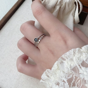 Vintage S925 Sterling Silber Doppelring mit Weizenblatt-Design und schwarzem Stein