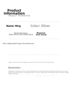 Detailed product specifications for S925 sterling silver adjustable minimalist ring.