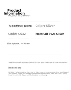 Detailed specifications for S925 sterling silver gardenia stud earrings measuring 10x9.8mm
